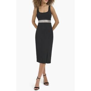 Siena Black Scuba Crepe Midi Dress Rhinestone Waist Sleeveless Sz 8